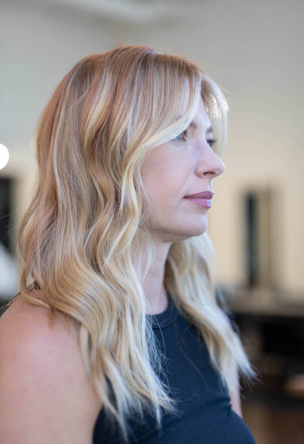 Golden blonde balayage waves colored at Pursuit Salon in Los Altos